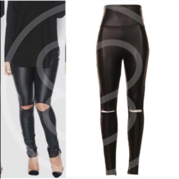 Black Cut out knee Vegan leather leggings Fitted Sexy - Picture 5 of 5